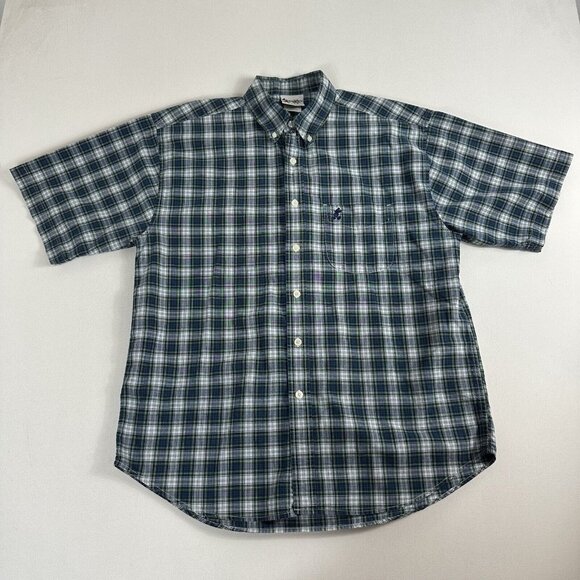 Disney World Button Down Shirt Men's Size L Blue Plaid Short Sleeve Mickey Mouse - Picture 1 of 8